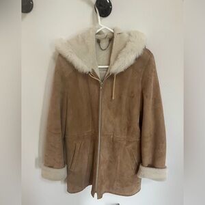 Tan Lamb Shearling Hooded Coat with Lamb Shearling Fur Lining